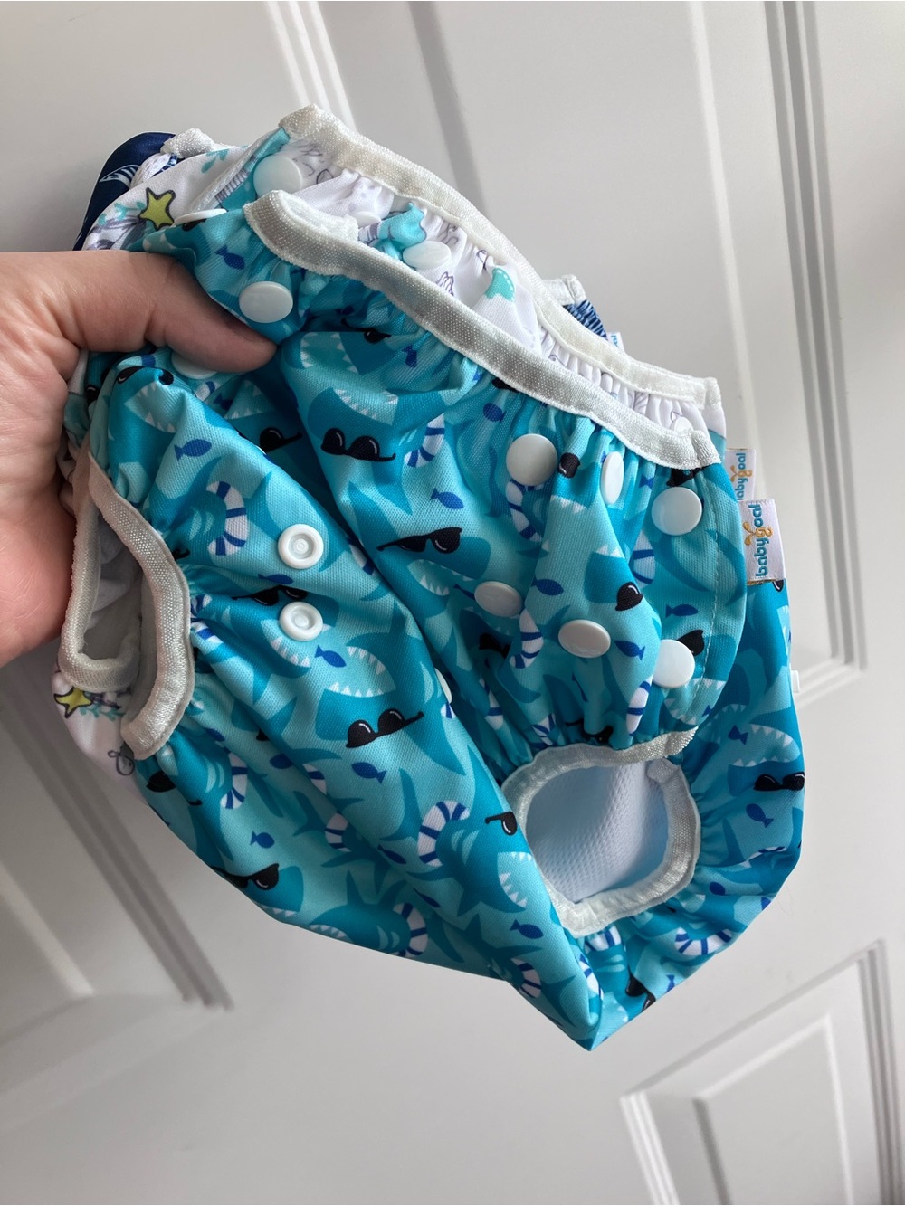Reusable swim diapers adjustable blue white fish turtles 8 months to 3 years
